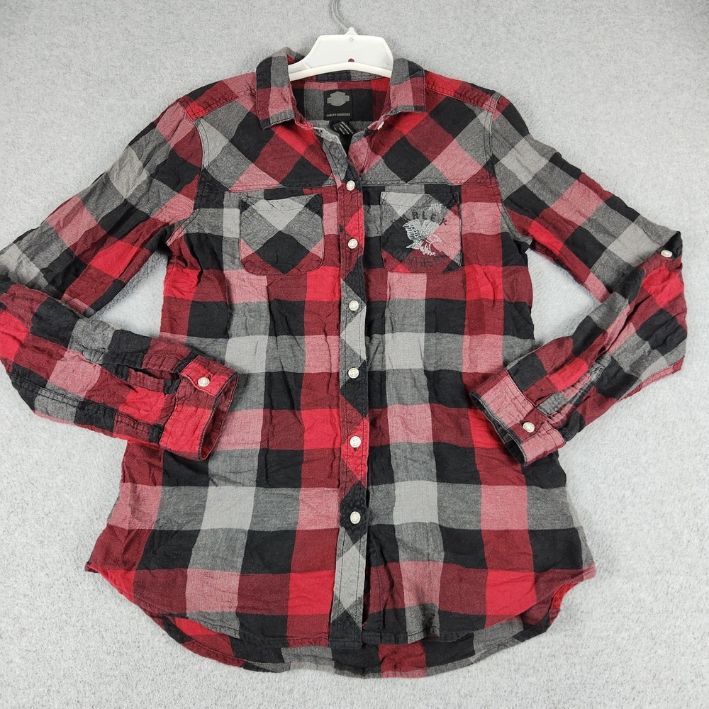 Harley Davidson Shirt Womens Medium Red Black Plaid Cotton Button Up Biker
